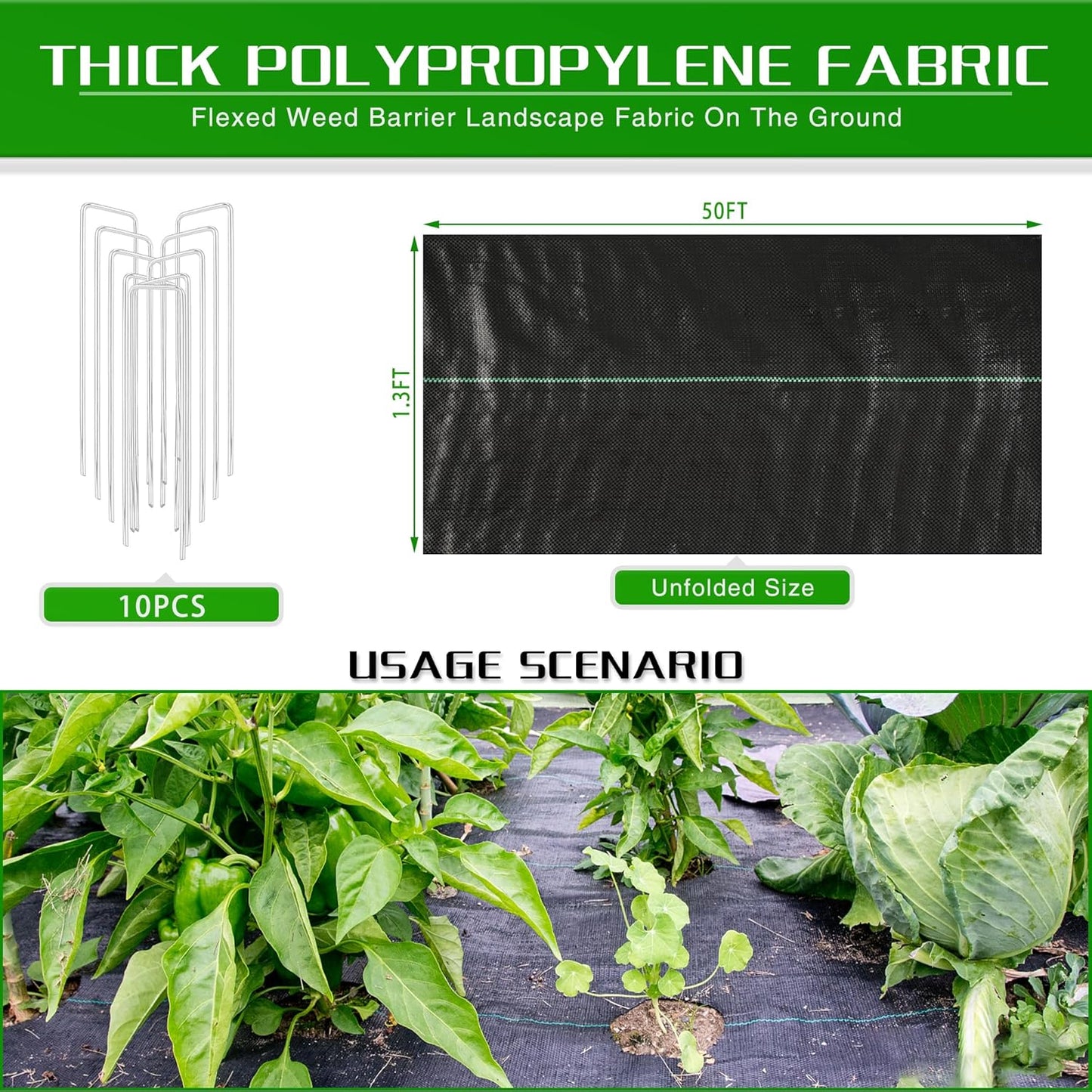 Tela barrera malezas 1.3x50pies 3.2oz clavijas U jardín