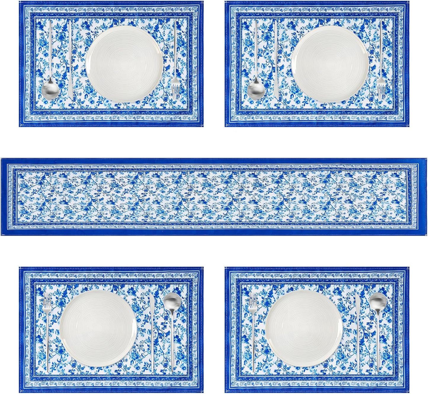 Juego de 5 manteles y caminos de mesa florales azules vintage