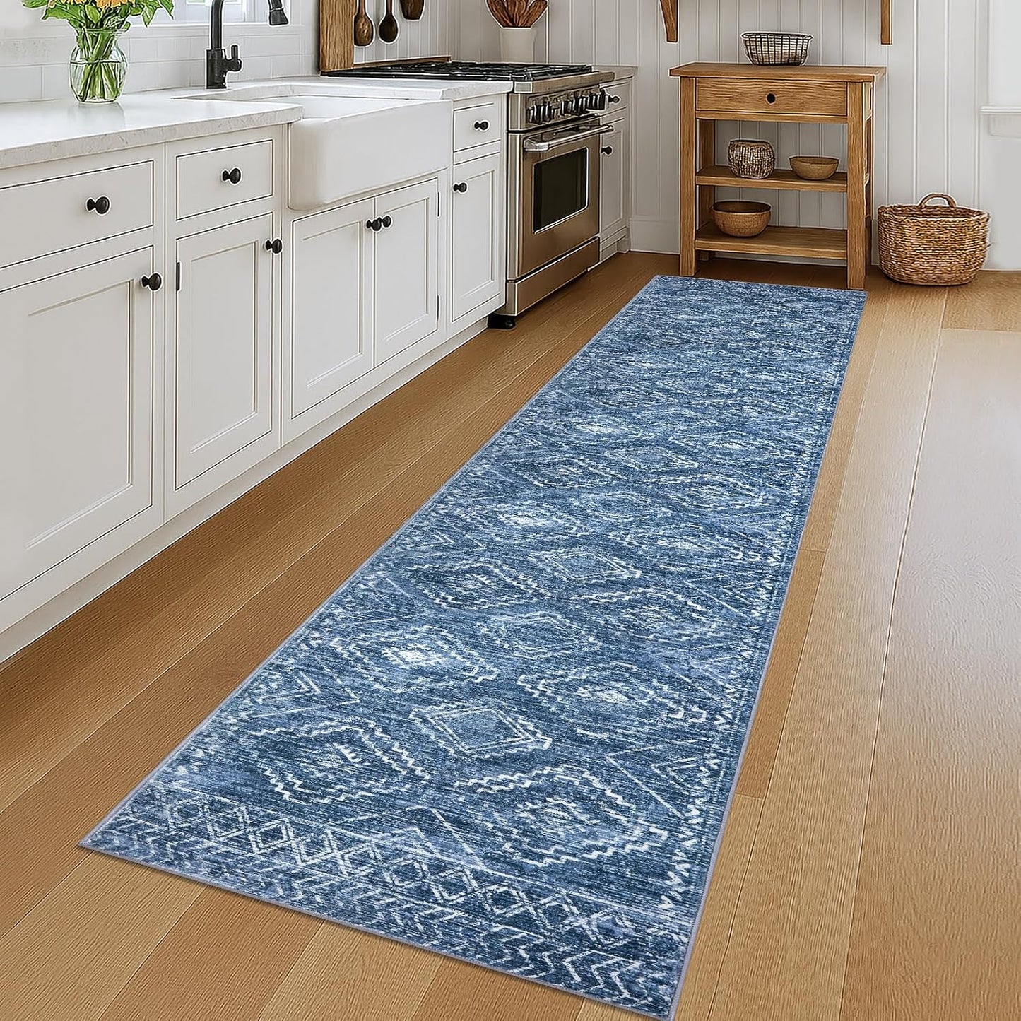 Alfombra pasillo 2.6x12ft lavable antideslizante geométrico azul