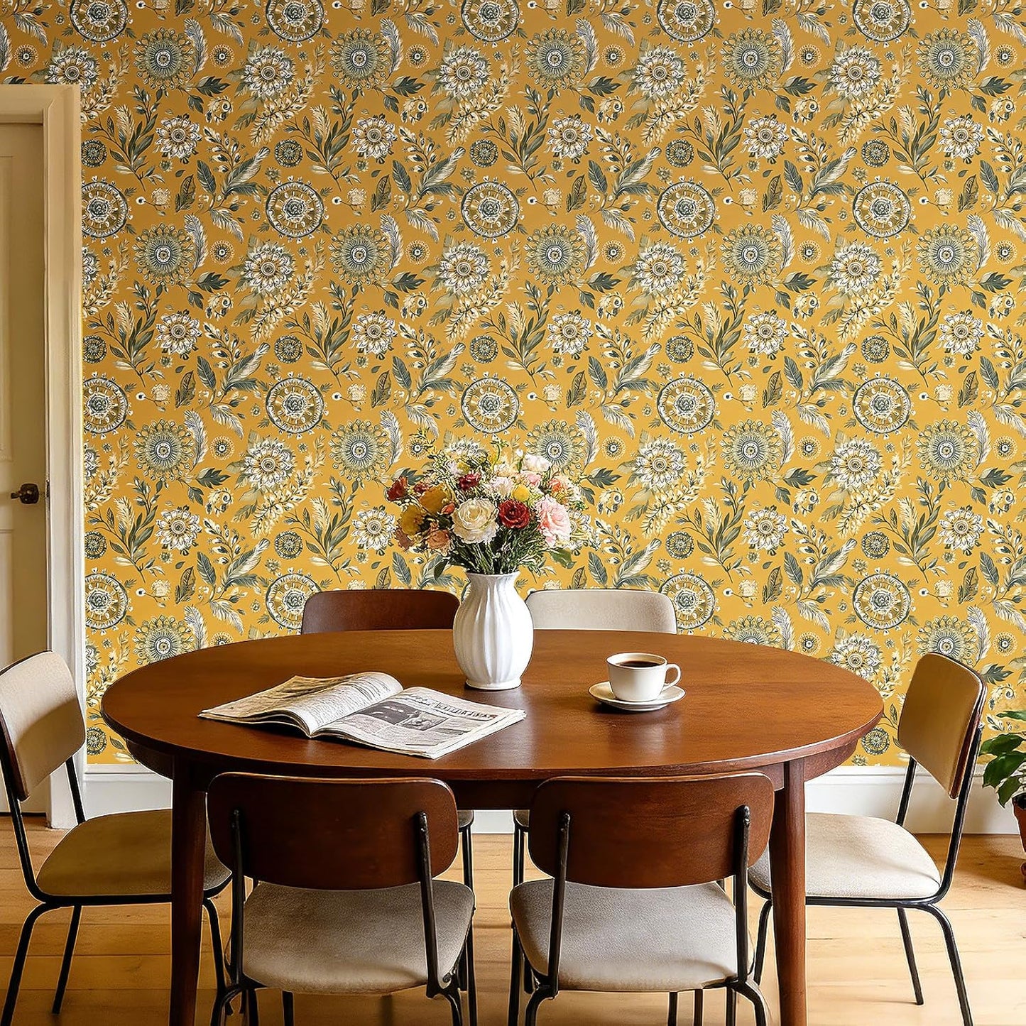 Papel tapiz floral bohemio amarillo mostaza despegar y pegar