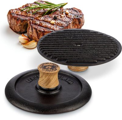 Prensa parrilla hierro fundido redonda 7.25pulg mango madera