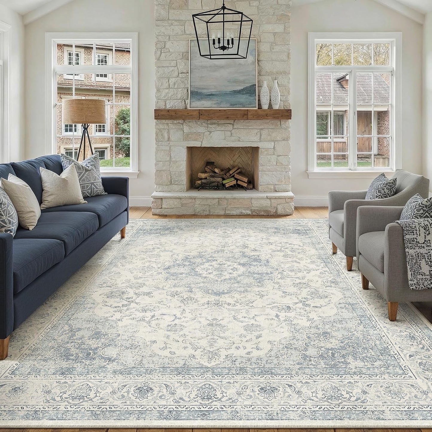 Alfombra vintage lavable azul 8x10 para sala dormitorio