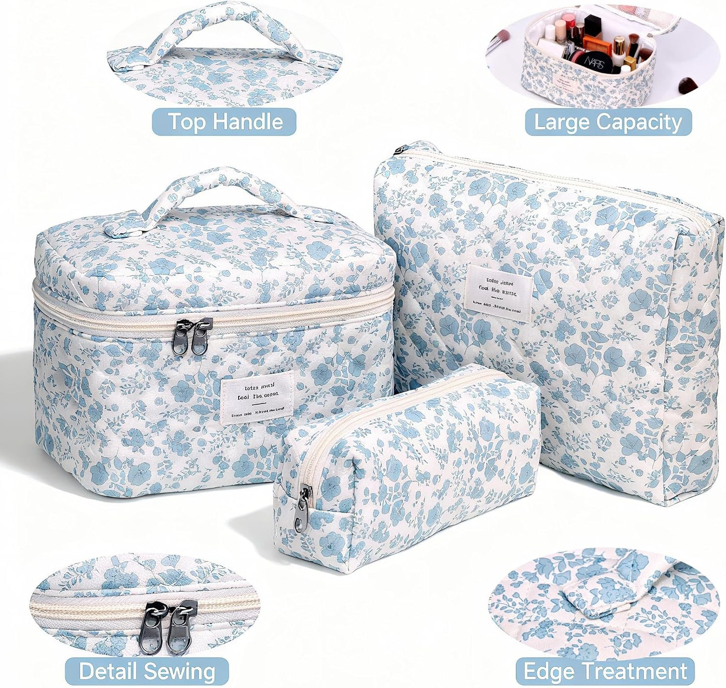 Bolsa maquillaje 3 pzas acolchada floral para mujer