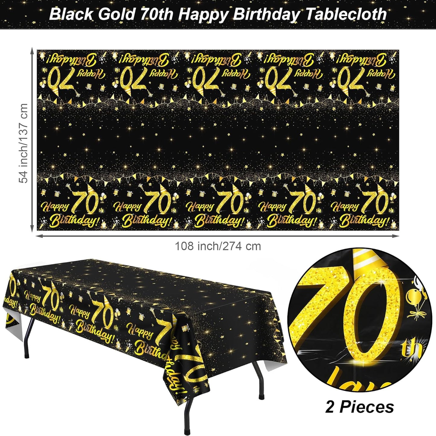 Mantel de plástico rectangular impermeable 108x54 pulgadas paquete de 2 color negro y dorado