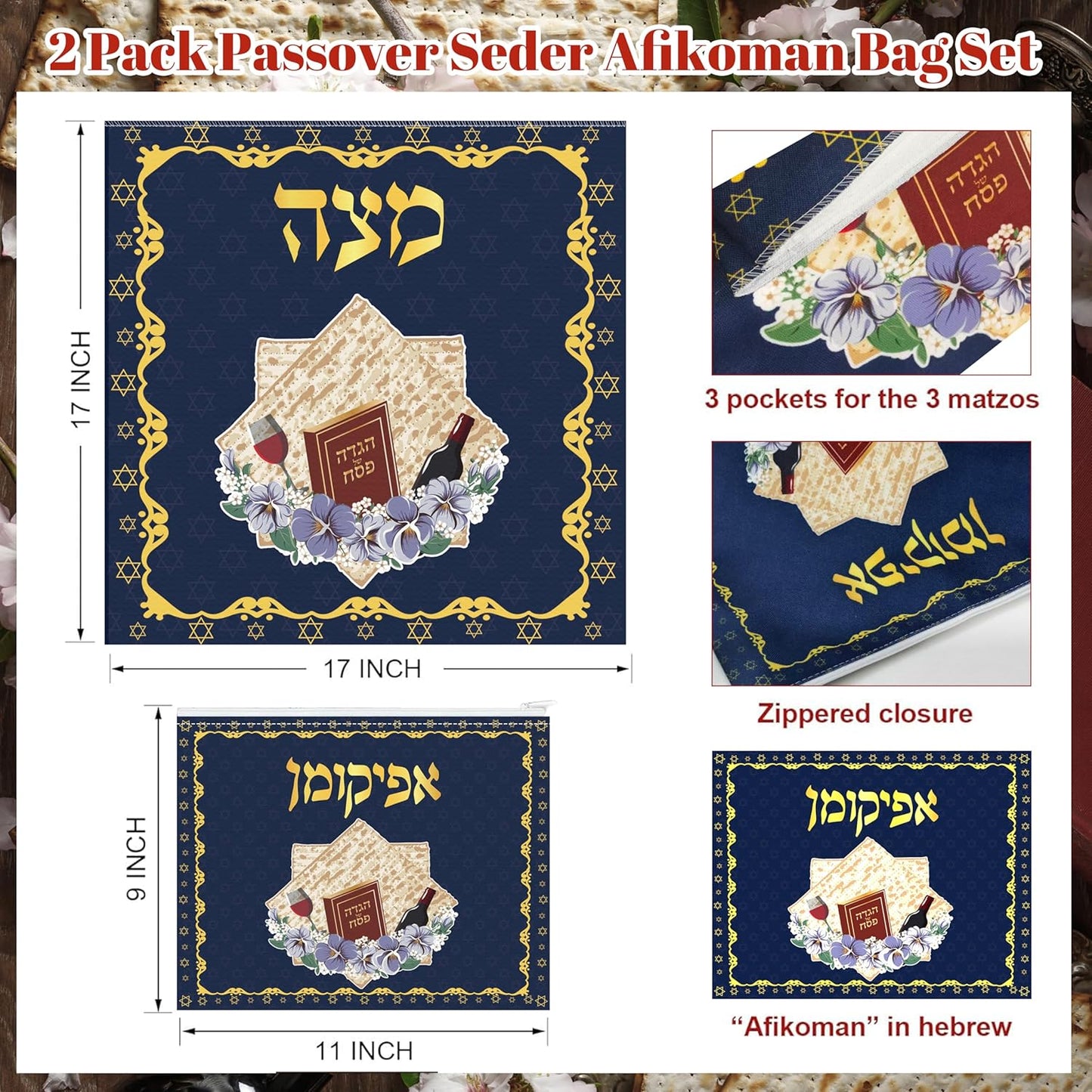 Set 2 Bolsas Afikoman Pascua Funda Rústica Matzah 3 Capas
