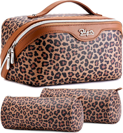 Bolsas maquillaje viaje mujer set 3 pzas cuero leopardo