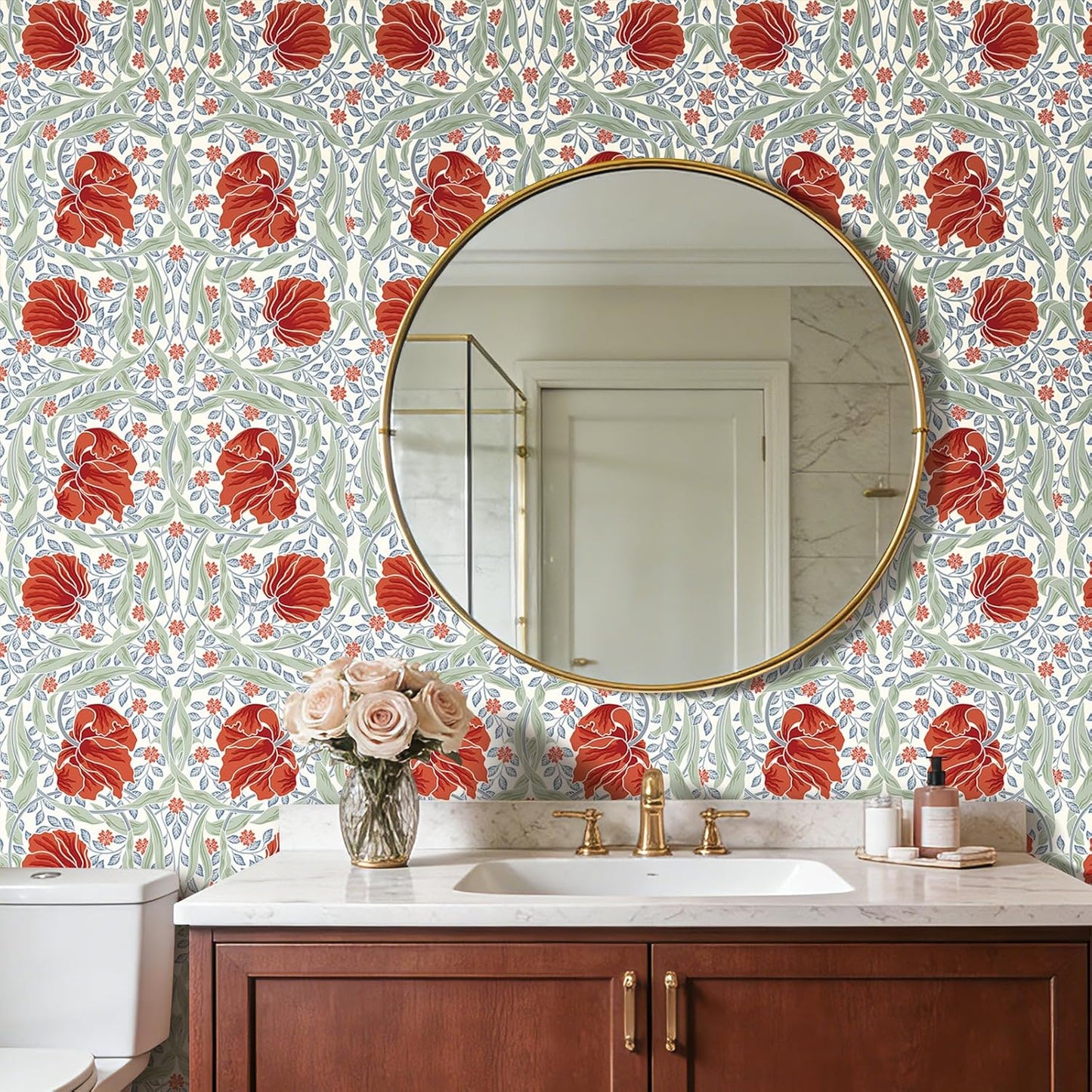 Papel tapiz despegable y pegable rojo azul vintage floral