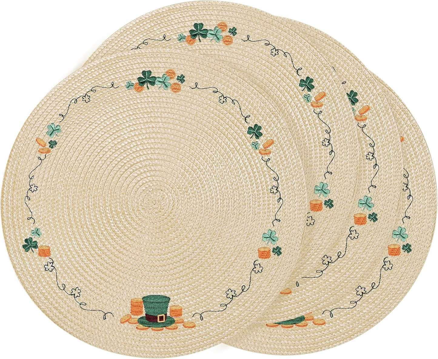 Manteles individuales redondos Día de San Patricio con sombrero verde y trébol