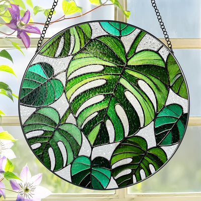 Atrapasol vidrio emplomado planta Monstera 8pulg decoración