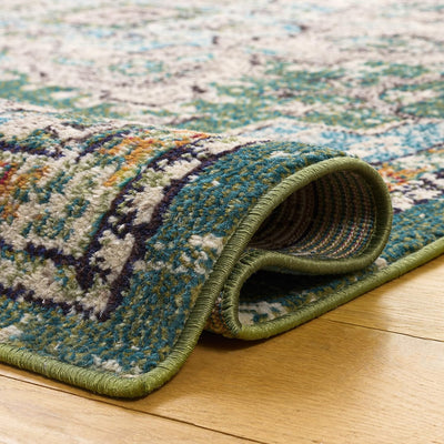 Alfombra pasillo 2x8ft diseño bohemio color salvia y azul
