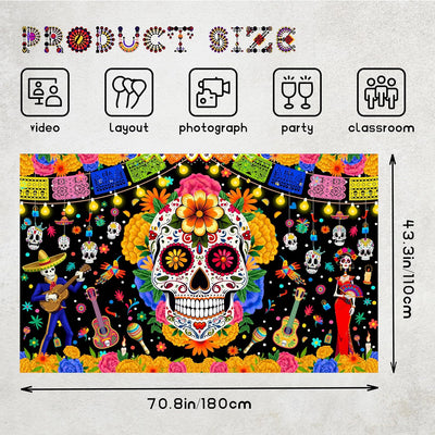 Telón Día de los Muertos 6x3.6pies calavera flores