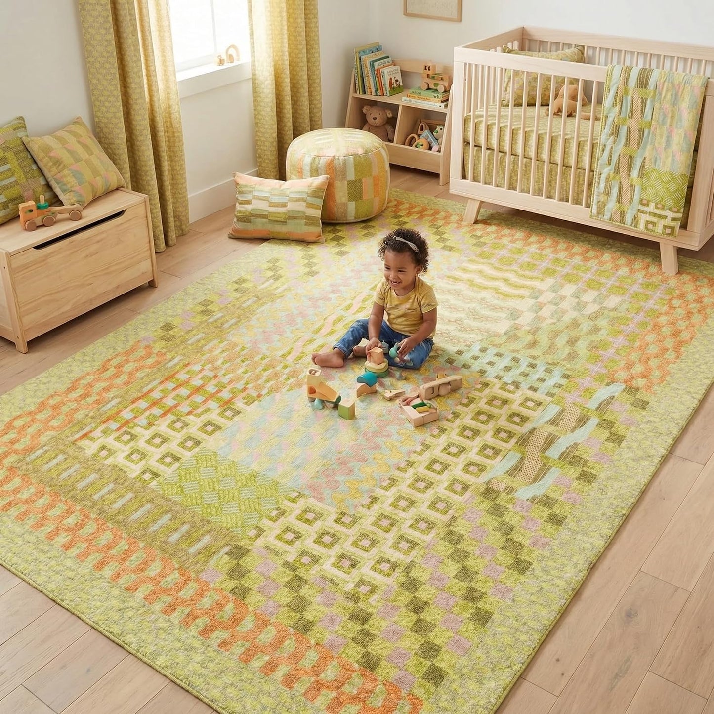 Alfombra geométrica lavable 8x10ft antideslizante sala comedor verde