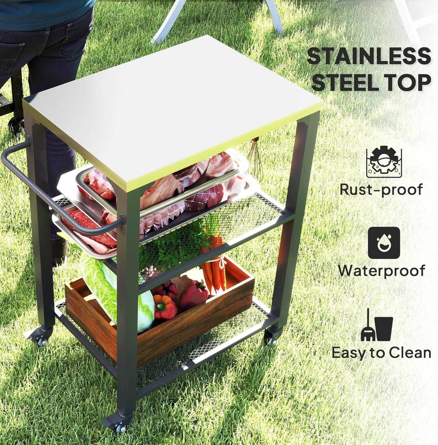Carrito parrilla 3 estantes mesa acero inox multifuncional