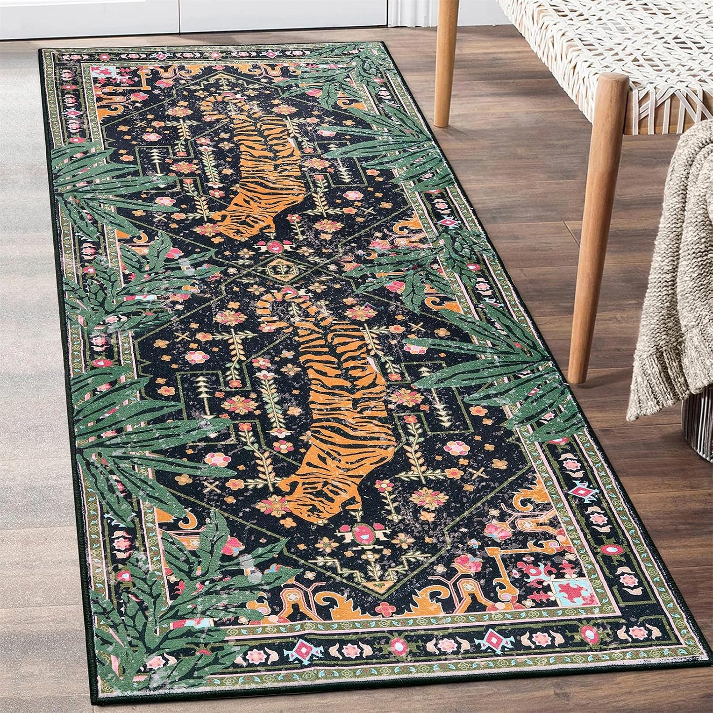 Alfombra pasillo boho negra resistente manchas 5x20cm
