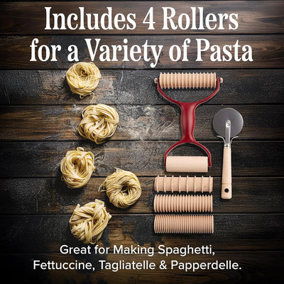 Juego de 7 herramientas para hacer pasta con mango, cortador, rodillo pequeño y 4 rodillos ranurados para spaghetti, fettucine, tagliatelle y pappardelle
