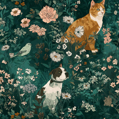 Papel tapiz autoadhesivo gatos perros flores blancas removible