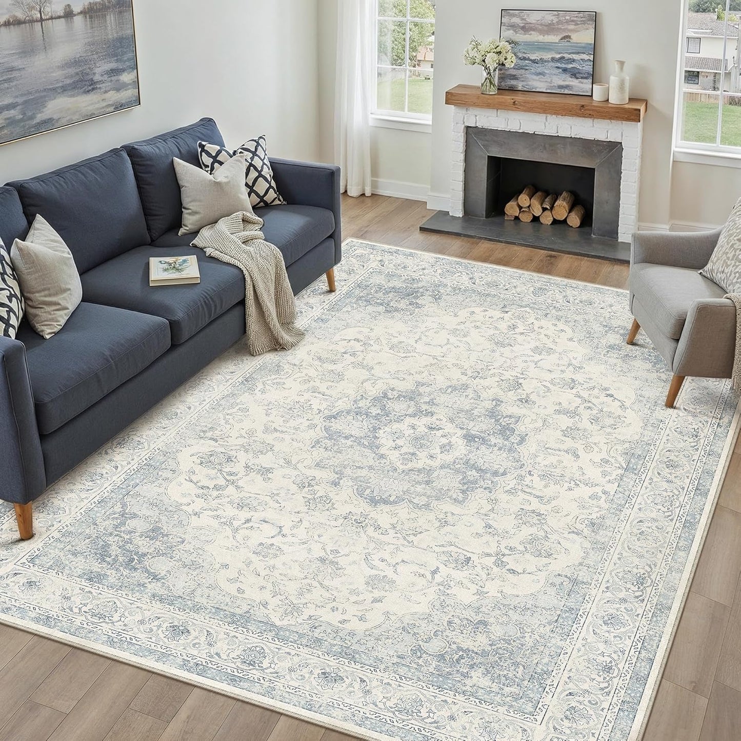 Alfombra vintage lavable azul 8x10 para sala dormitorio