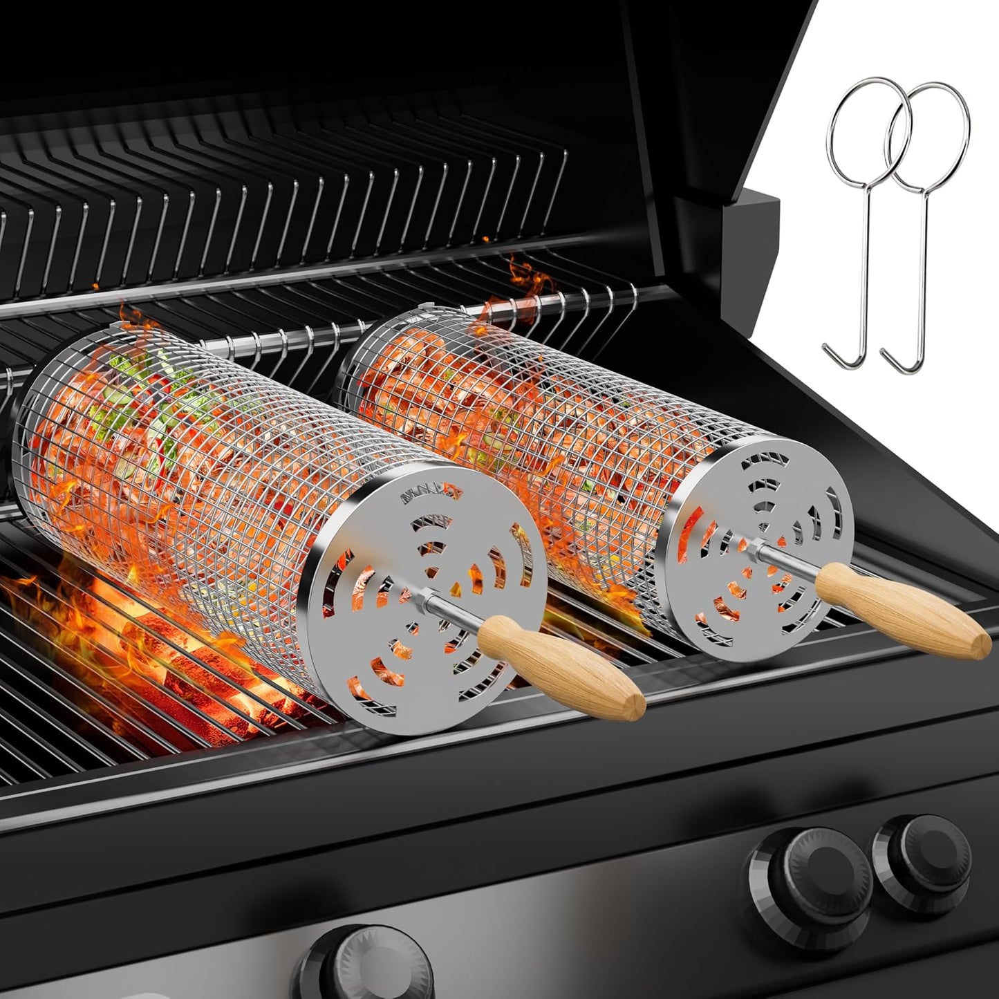 Cesta parrilla acero inox 304 mango madera 2 pzas