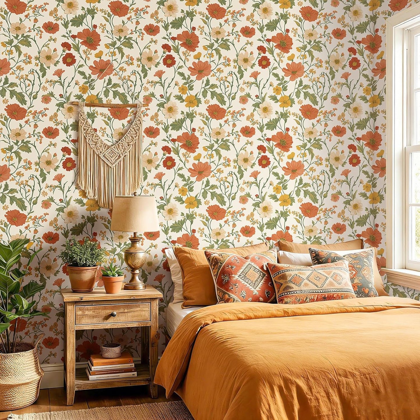 Papel tapiz bohemio flores naranja crema hojas verdes salvia