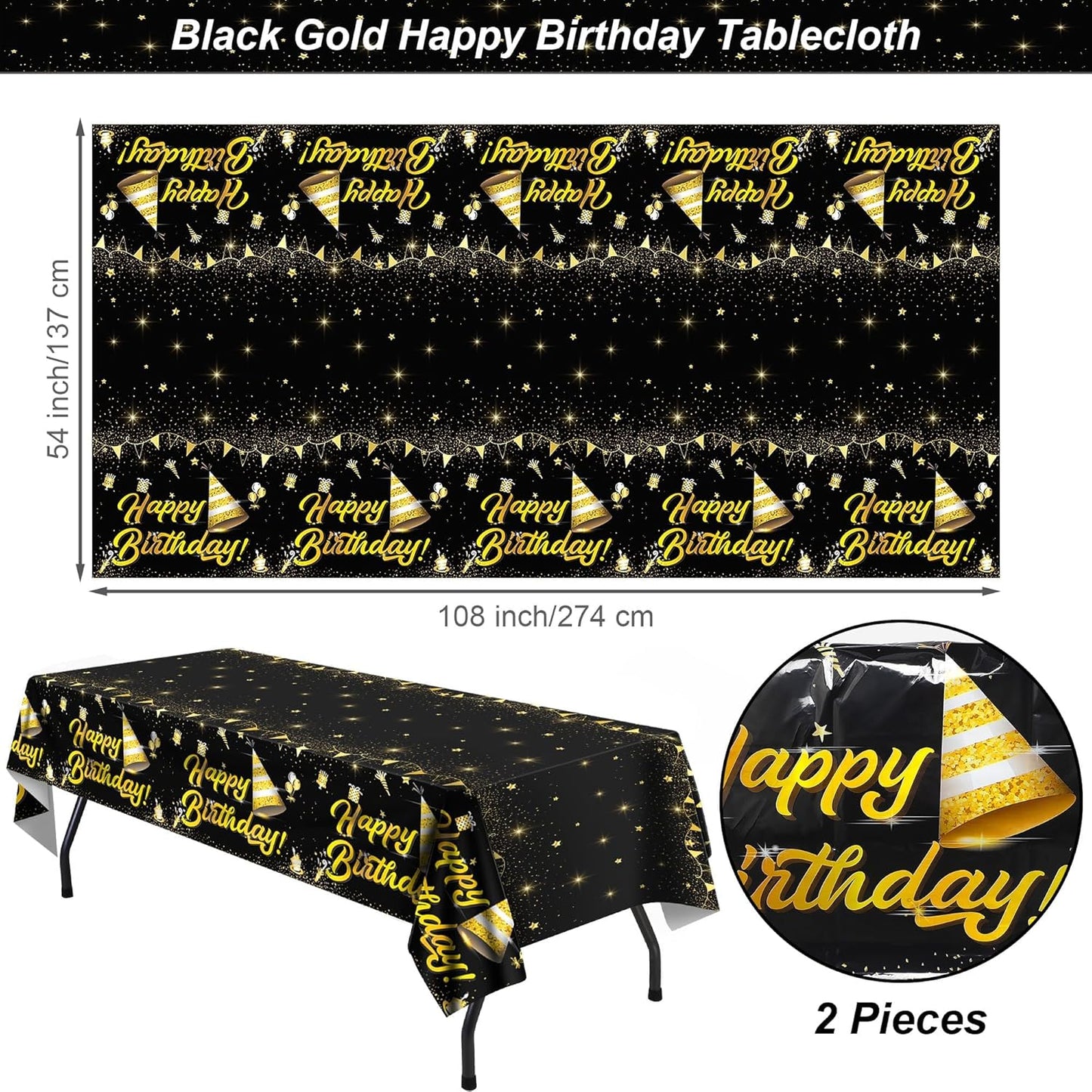 2 Manteles Plástico Rectangulares Impermeables 108x54pulg Negro Dorado