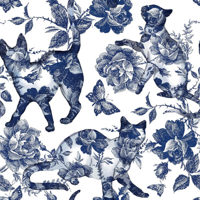 Papel tapiz vintage gato azul y blanco floral elegante