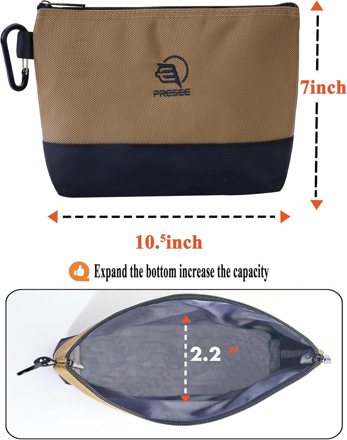 Bolsa herramientas con cremallera metal mosquetón 10.5pulg