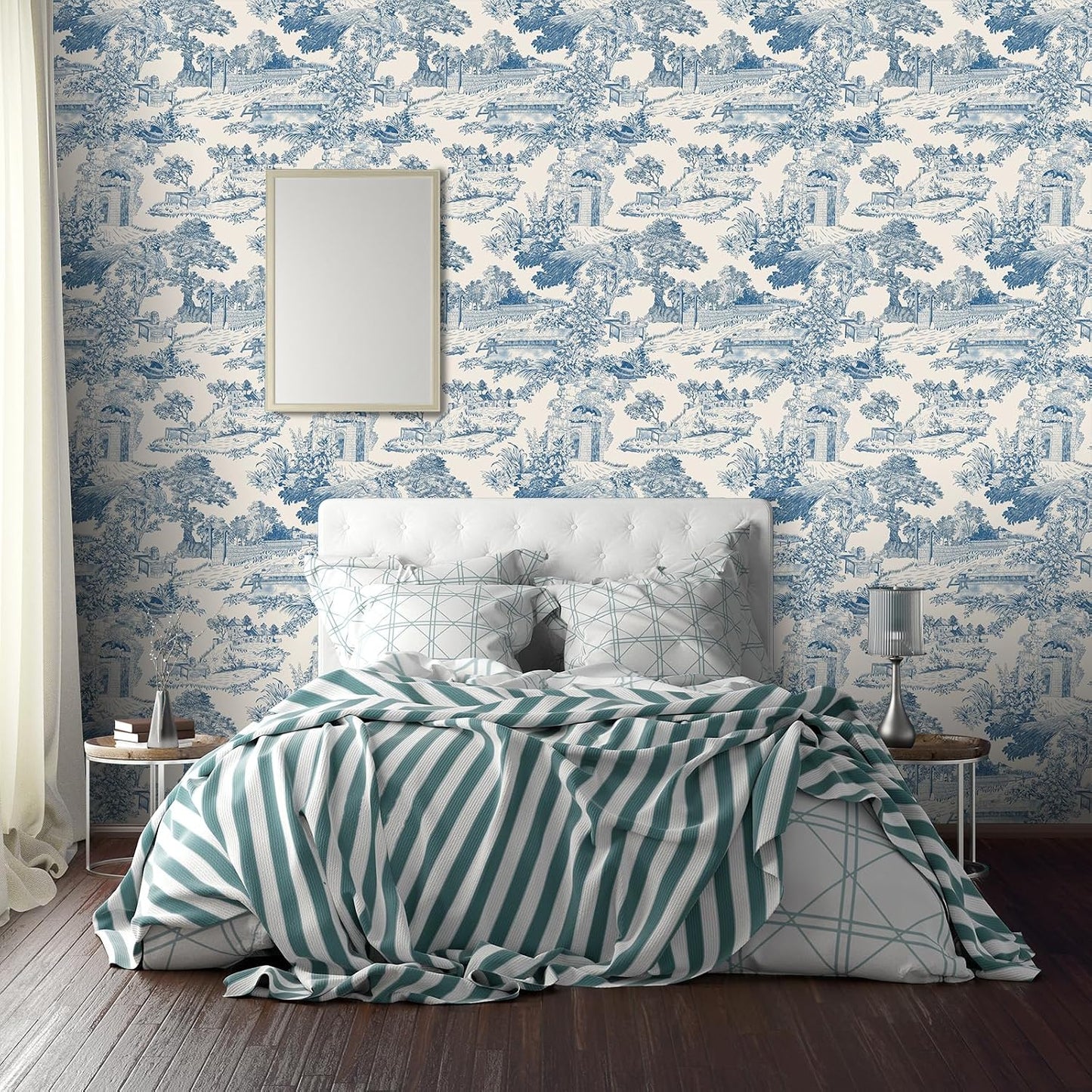 Papel tapiz campo francés beige/azul 17.7x393pulg