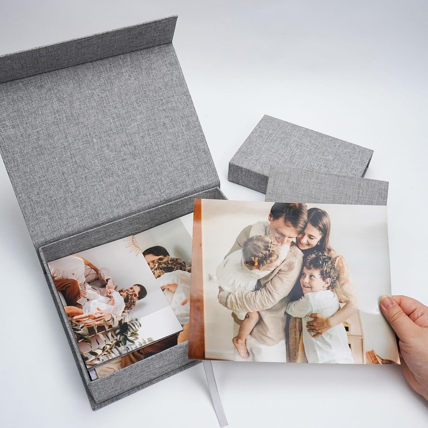 Estuche lino 8x10 y caja almacenamiento postal gris