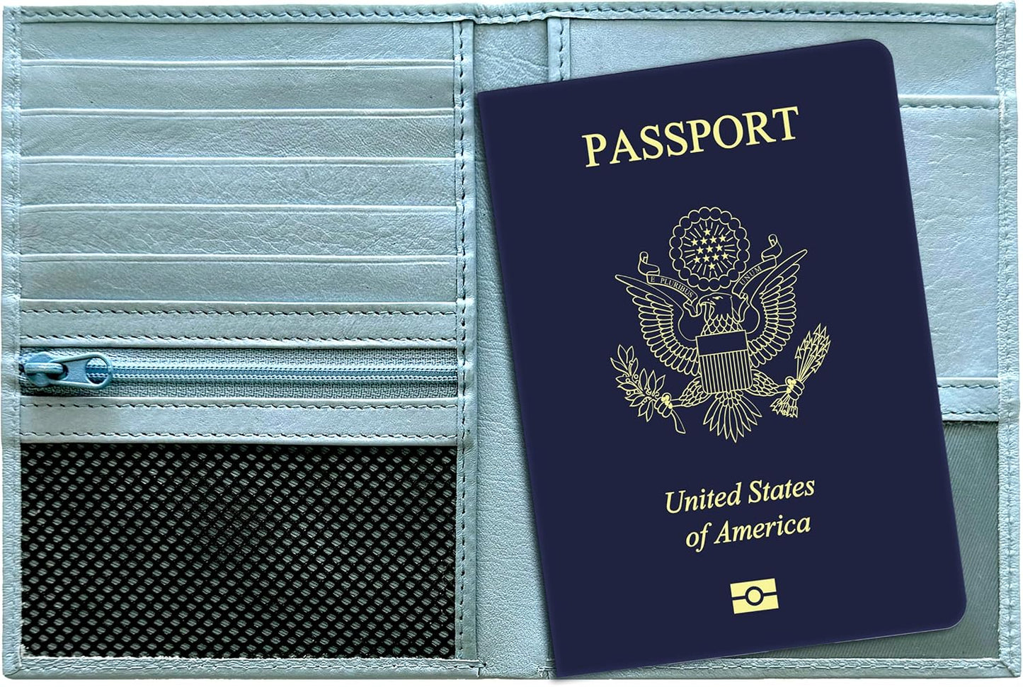 Cartera pasaporte cuero genuino RFID azul
