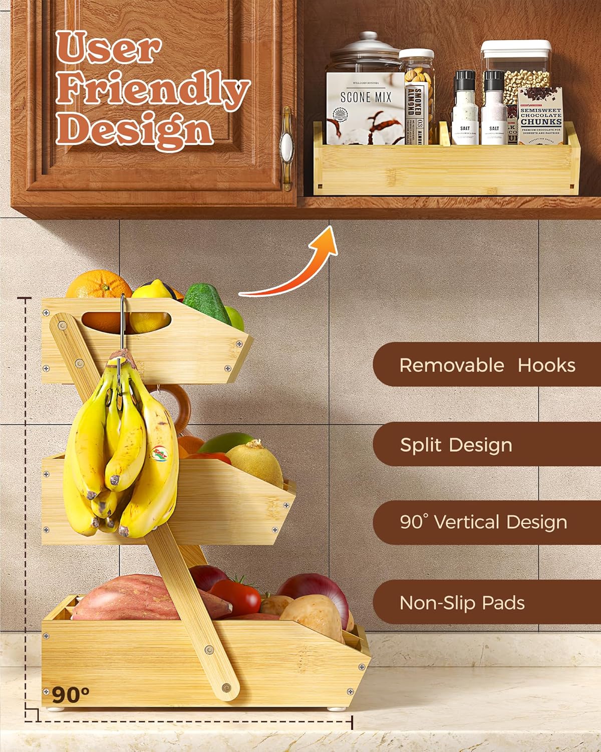 Cesta frutas bambú 3 niveles con recipiente acacia