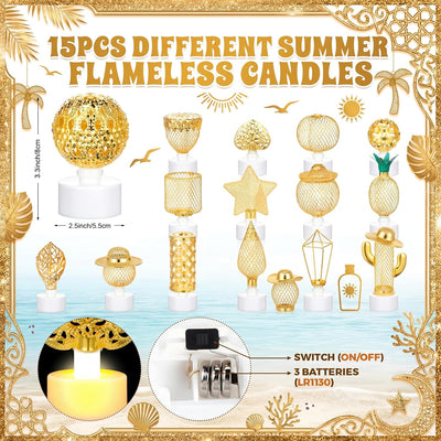 15 Pzas Velas Led Sin Humo Estrella Pina Cactus Decoración Playa