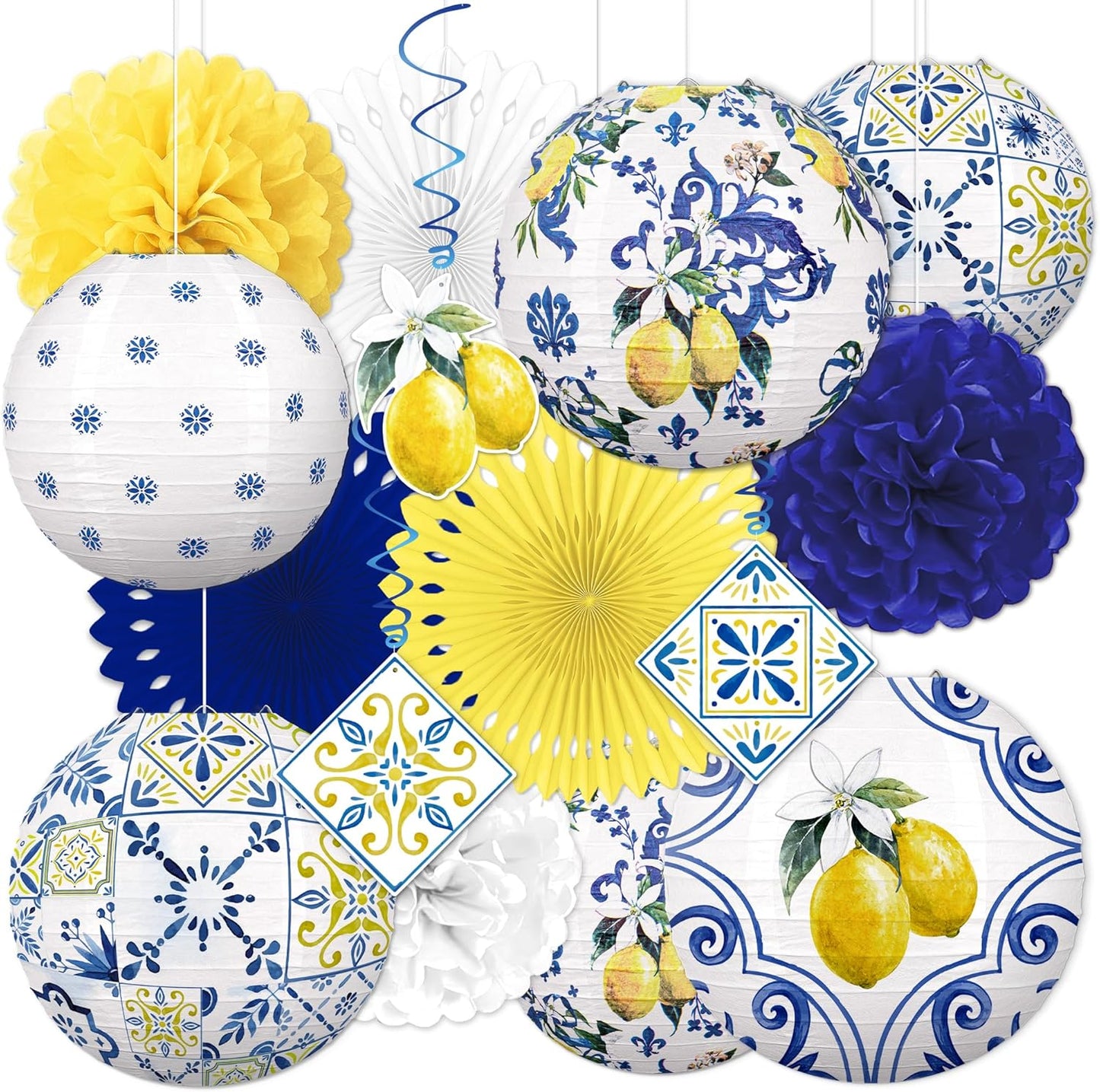 15 Linternas Papel Limón Fiesta Amalfi Capri Amarillo Azul