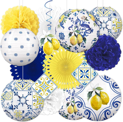 15 Linternas Papel Limón Fiesta Amalfi Capri Amarillo Azul