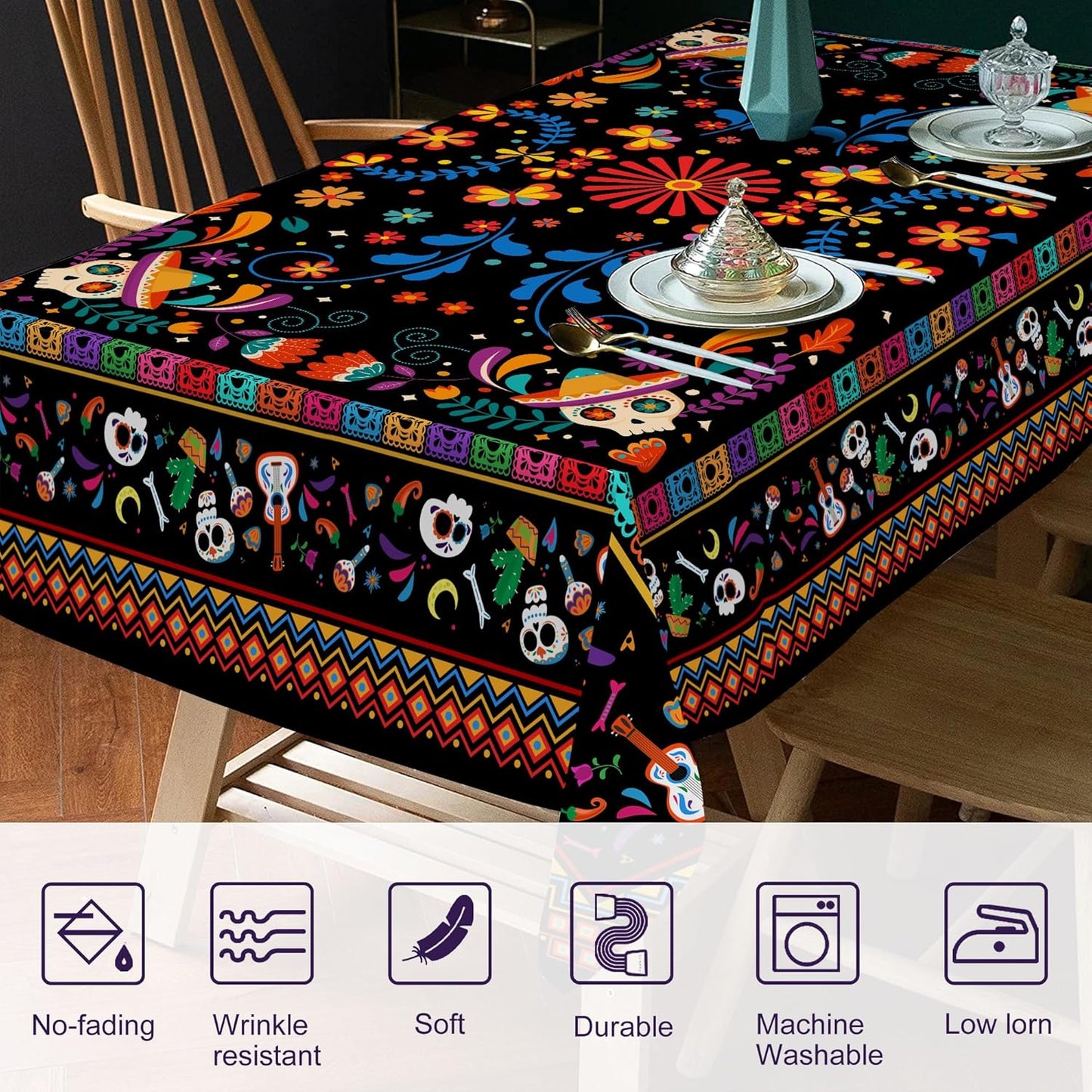 Mantel rectangular mexicano de 60x120 pulgadas con calaveras de flores para comedor y fiesta
