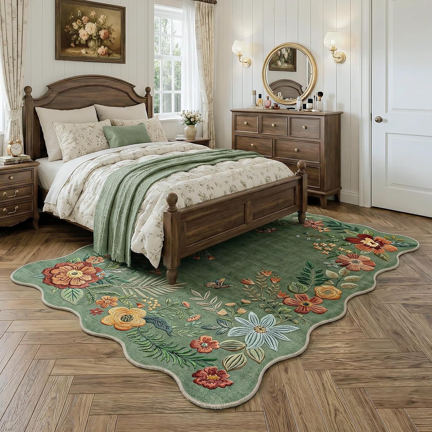 Alfombra floral lavable 6x9pulg color verde salvia antideslizante