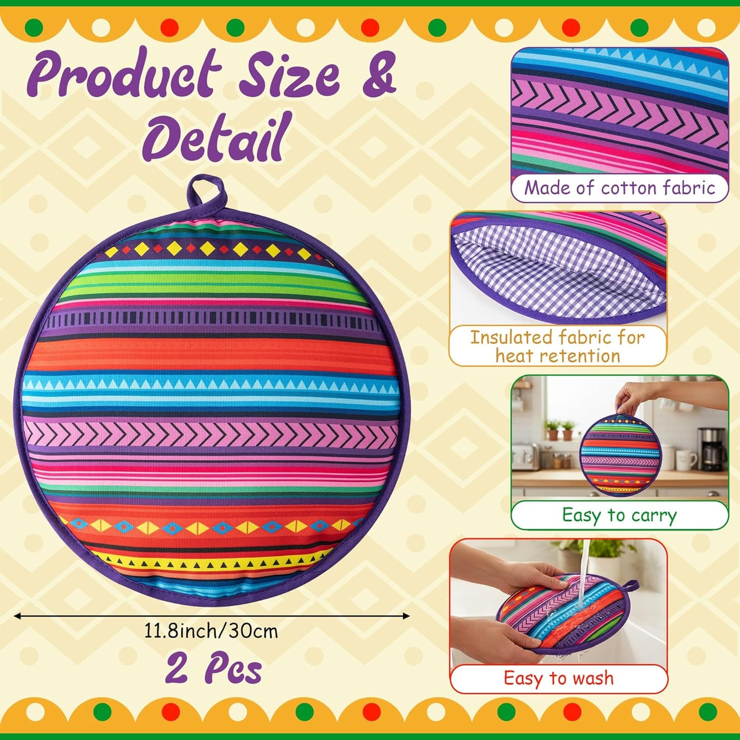 Bolsa calentadora de tortillas 12 pulgadas 2 unidades para microondas Cinco de Mayo