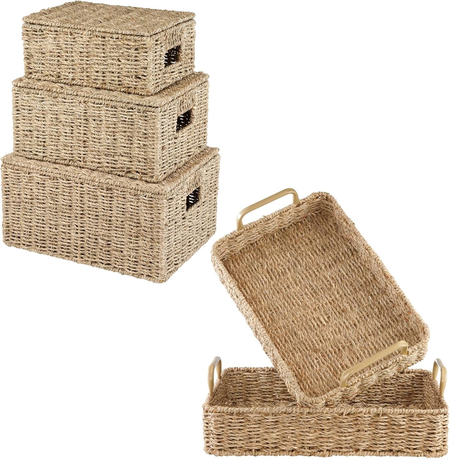 Set 2 bandejas rectangulares con asas y set 3 canastas de seagrass