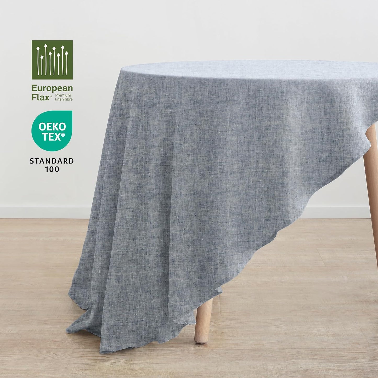 Mantel redondo lino teñido hilo 90pulg azul cambray