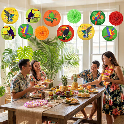 12 Pzas Decoración Fiesta Pájaros Tropicales Faroles Luau