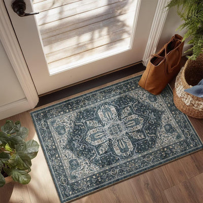 Tapete lavable antideslizante bohemio 2x3pulg azul