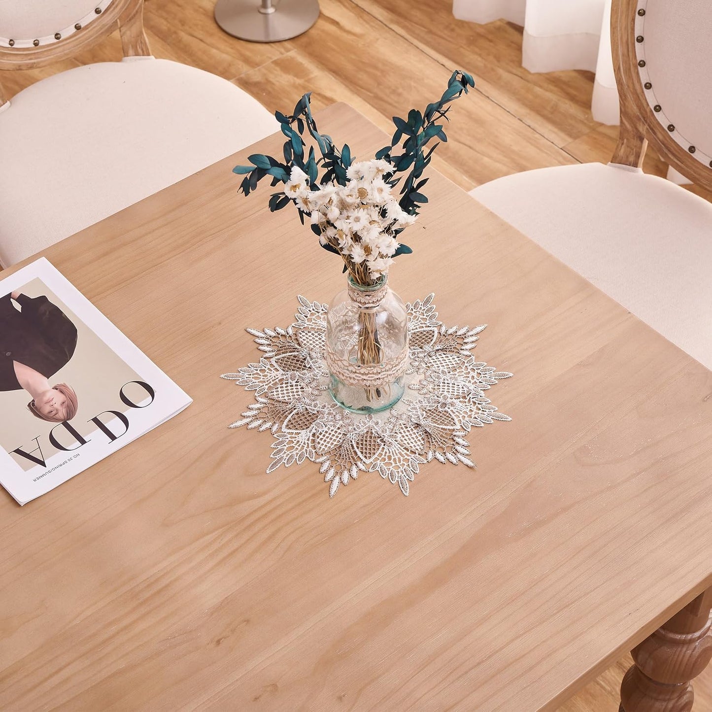 Tapete lino blanco redondo 11pulg neutro beige mesa café
