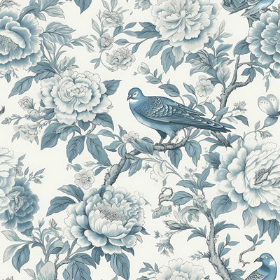 Papel tapiz floral azul blanco vintage pájaros 17.7x118pulg