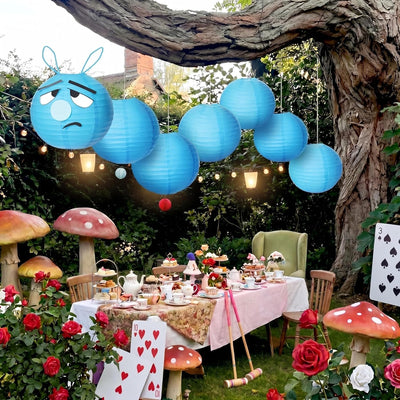 7 Linternas Papel Oruga Azul Decoración Fiesta 12pulg