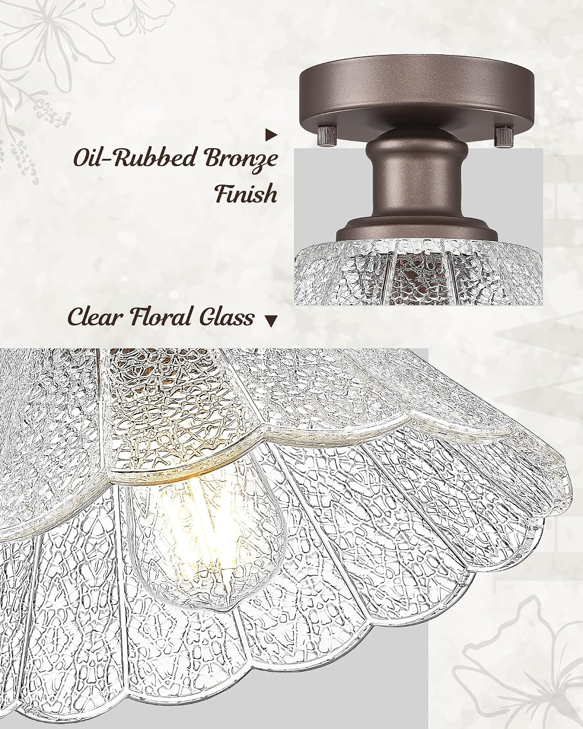 Lámpara techo 1 luz vidrio floral 10pulg bronce aceitado