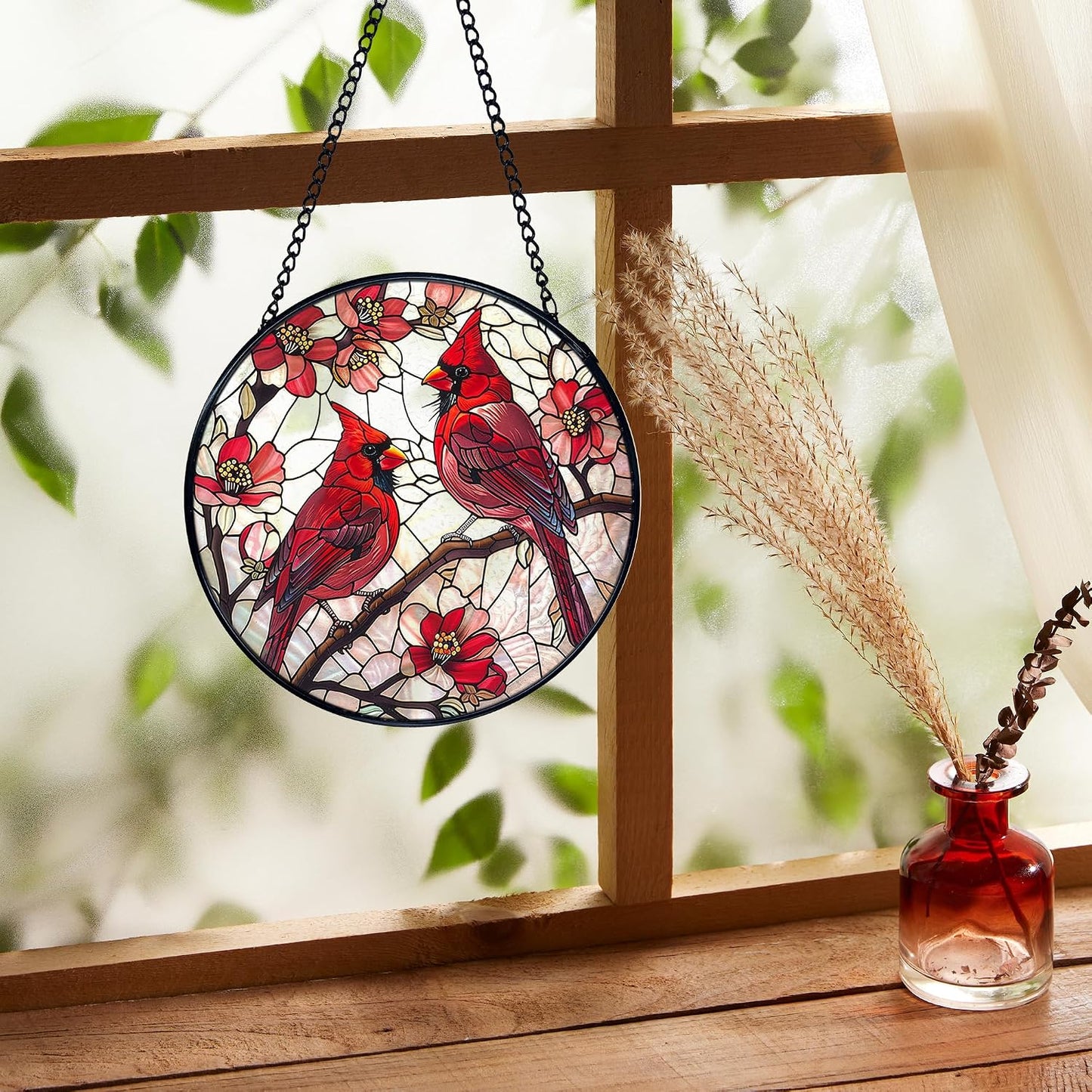 Atrapasoles ventana diseño pájaro rojo decoración