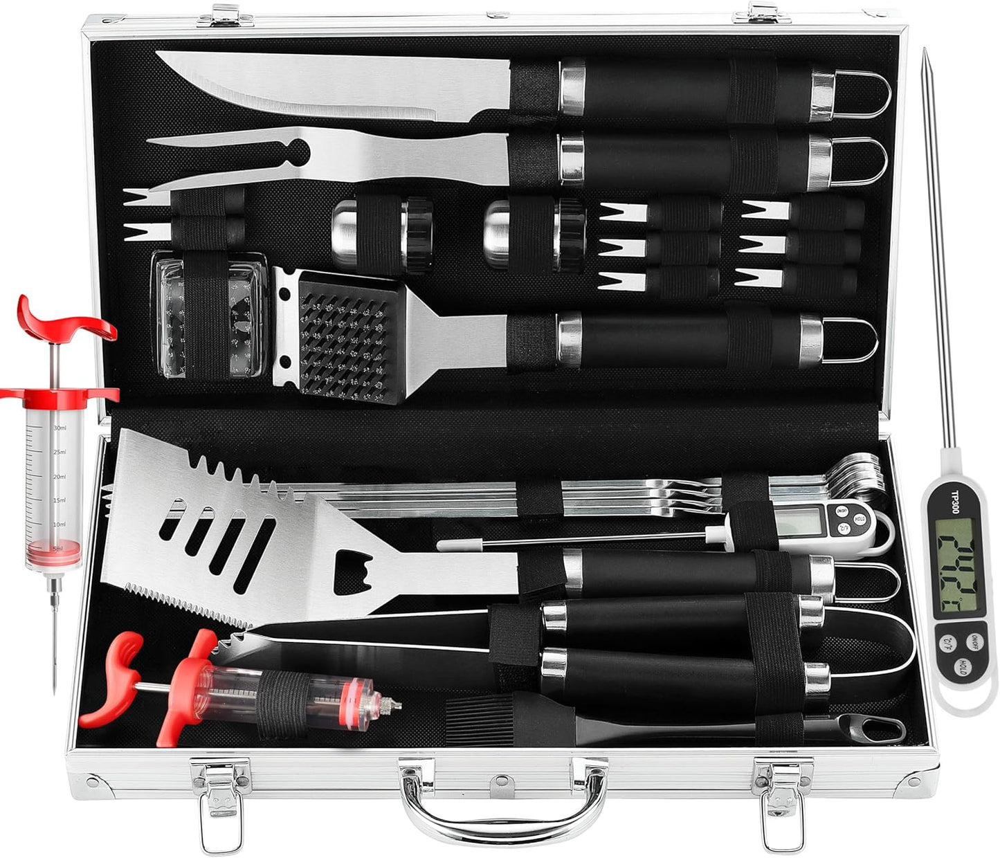 Set 24 Pzas Herramientas BBQ con Termómetro y Inyector Acero Inox