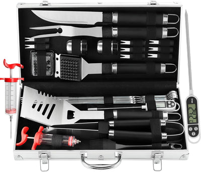 Set 24 Pzas Herramientas BBQ con Termómetro y Inyector Acero Inox