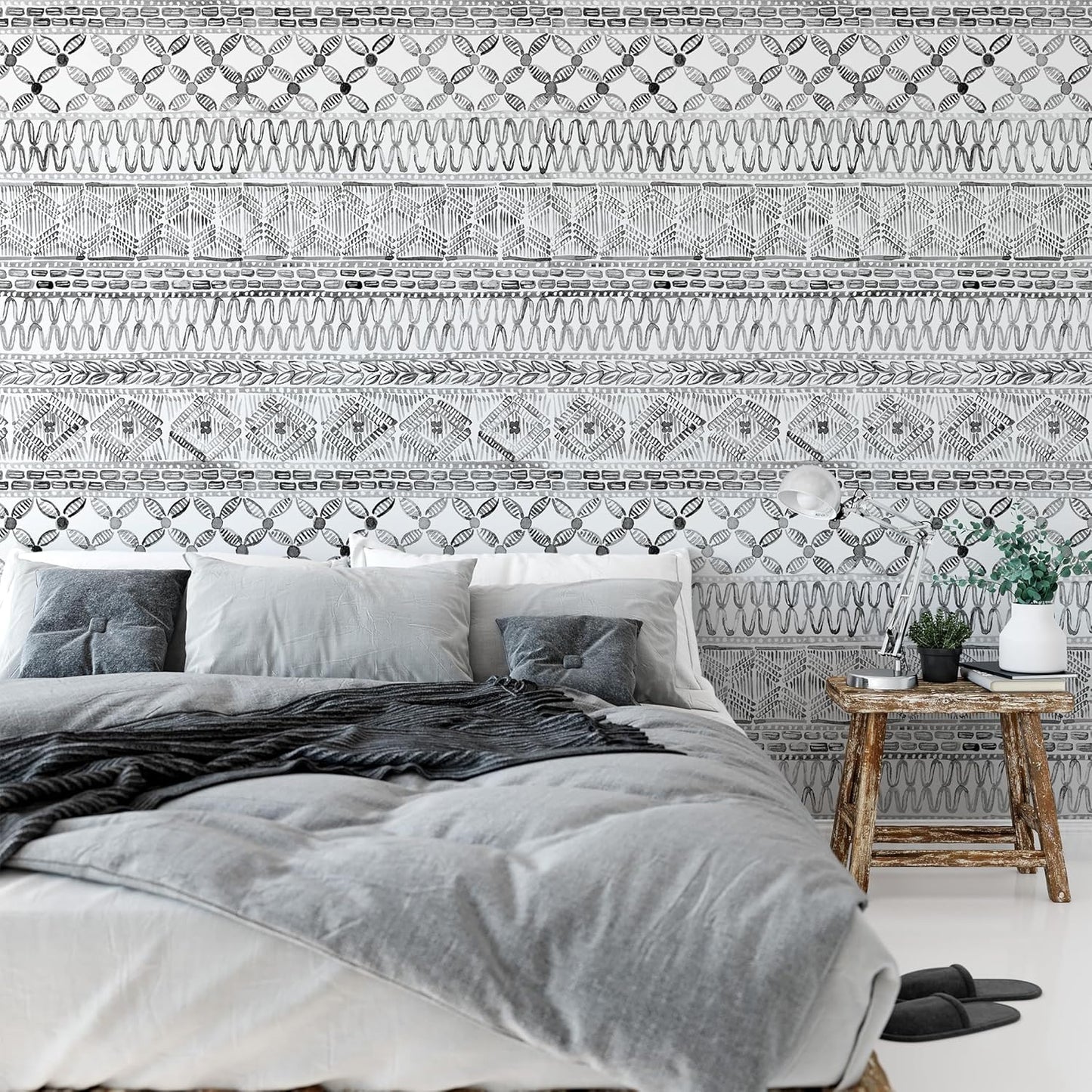 Papel tapiz bohemio acuarela blanco y negro geométrico