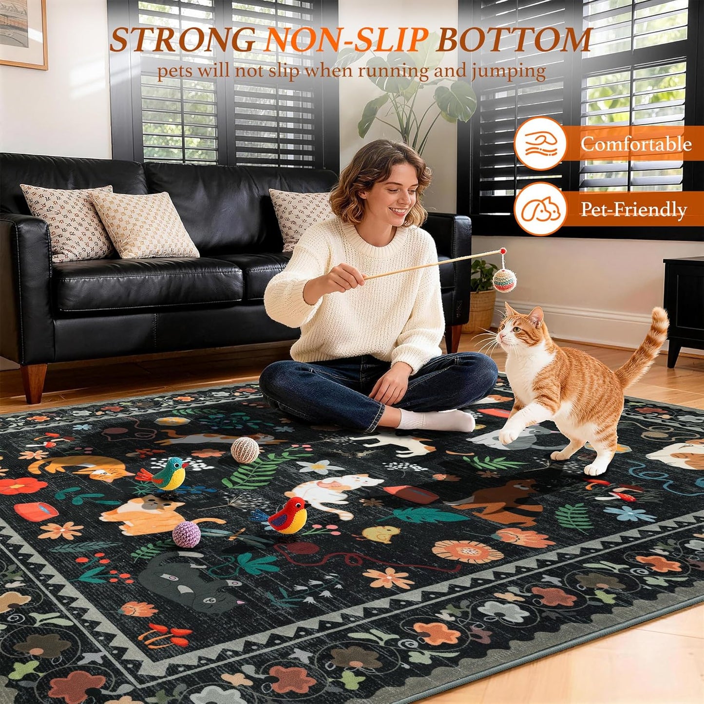Alfombra pasillo gato 2x6ft antideslizante lavable negro