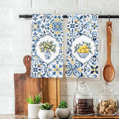 Toallas de cocina y baño Amalfi Coast con diseño mediterráneo azul y blanco 16x24in set de 2
